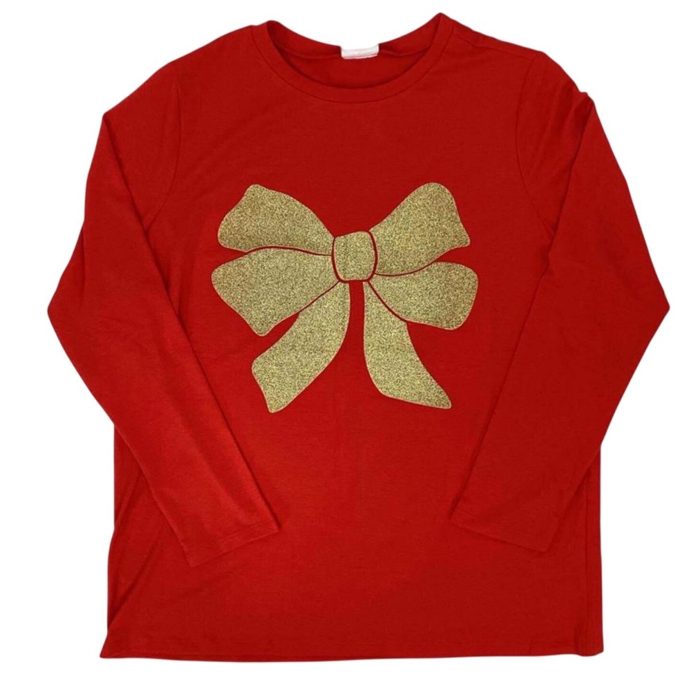 LuLaRoe Womens Top Size‎ 3XL Sharon Red Gold Glitter Bow Long Sleeve Holiday NWT